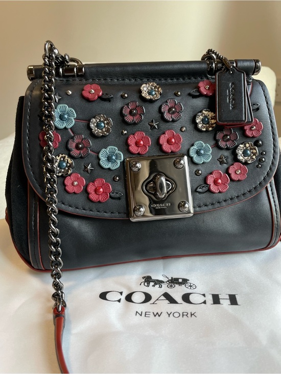Coach Handbags - COACH Black Leather Tea Rose Drifter Crossbody with Pink & Blue Floral Appliqué